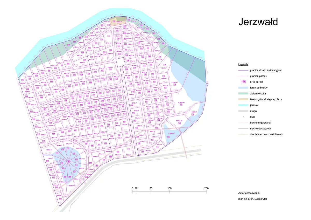 Mapka terenu z wymiarami boków każdej działki