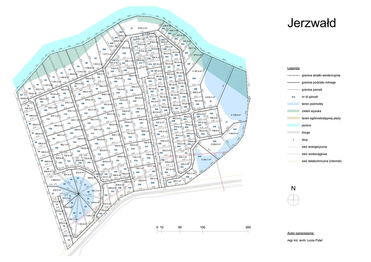 Mapka terenu z wymiarami boków każdej działki